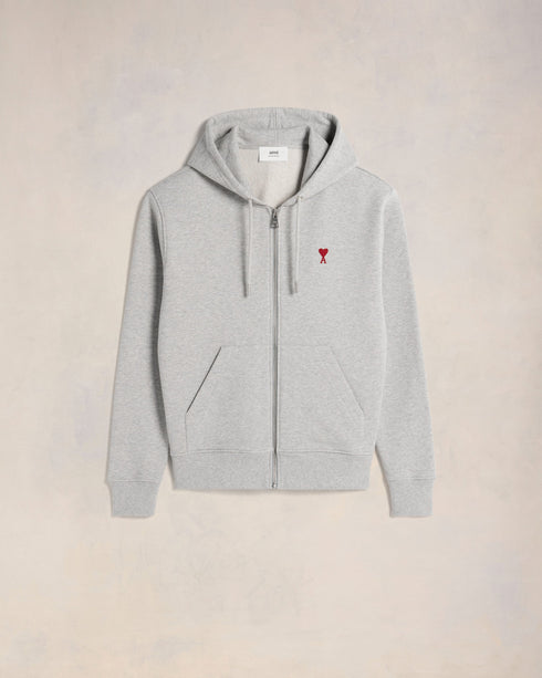 AMI PARIS Grey Cotton Ami de Coeur Zipped Hoodie Unisex Apparel
